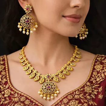 Antique Gold Temple Jewelry Set: Ruby Polki Kundan Necklace, Jhumka Earrings, Bridal Wedding Ethnic 1