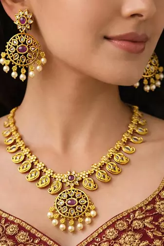 Antique Gold Temple Jewelry Set: Ruby Polki Kundan Necklace, Jhumka Earrings, Bridal Wedding Ethnic