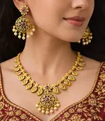 Antique Gold Temple Jewelry Set: Ruby Polki Kundan Necklace, Jhumka Earrings, Bridal Wedding Ethnic