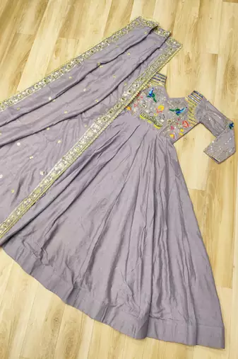 Lavender vichitra silk anarkali readymade suit with embroidery & zari work