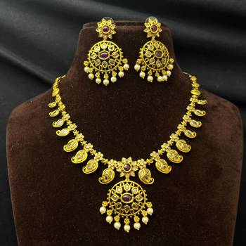 Antique Gold Temple Jewelry Set: Ruby Polki Kundan Necklace, Jhumka Earrings, Bridal Wedding Ethnic 2