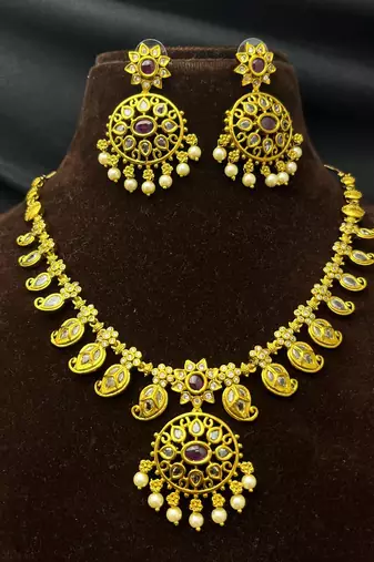 Antique Gold Temple Jewelry Set: Ruby Polki Kundan Necklace, Jhumka Earrings, Bridal Wedding Ethnic
