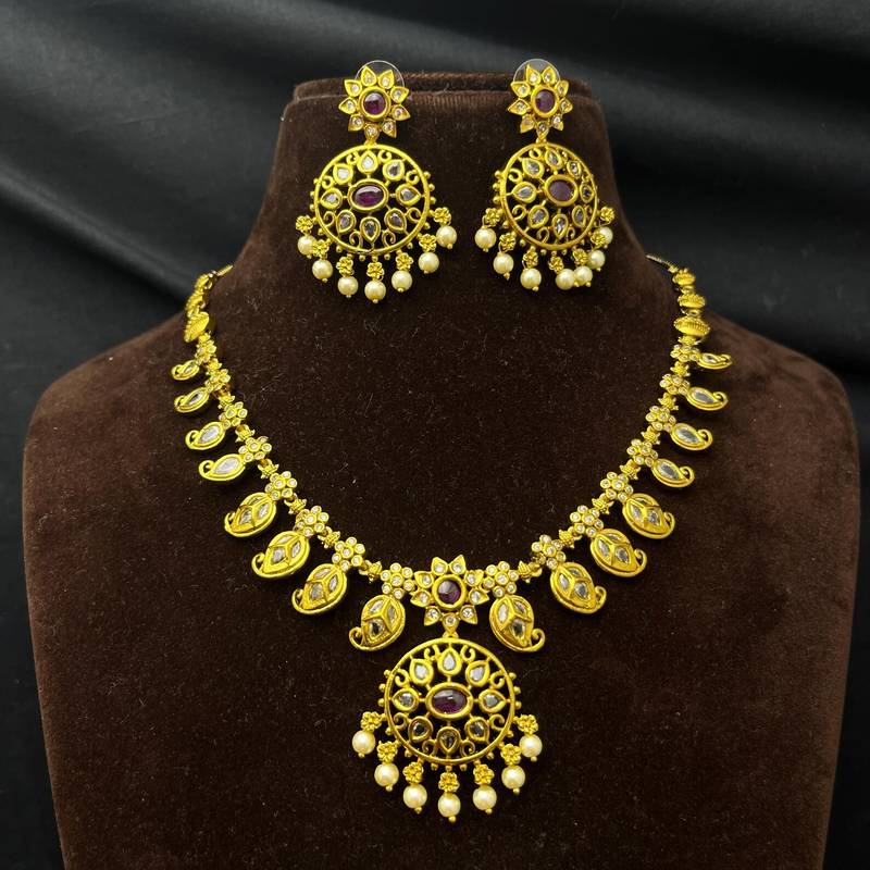 Antique Gold Temple Jewelry Set: Ruby Polki Kundan Necklace, Jhumka Earrings, Bridal Wedding Ethnic