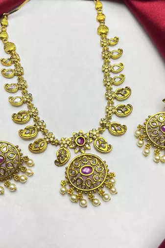 Antique Gold Temple Jewelry Set: Ruby Polki Kundan Necklace, Jhumka Earrings, Bridal Wedding Ethnic