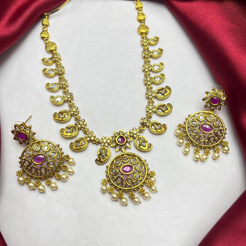 Antique Gold Temple Jewelry Set: Ruby Polki Kundan Necklace, Jhumka Earrings, Bridal Wedding Ethnic