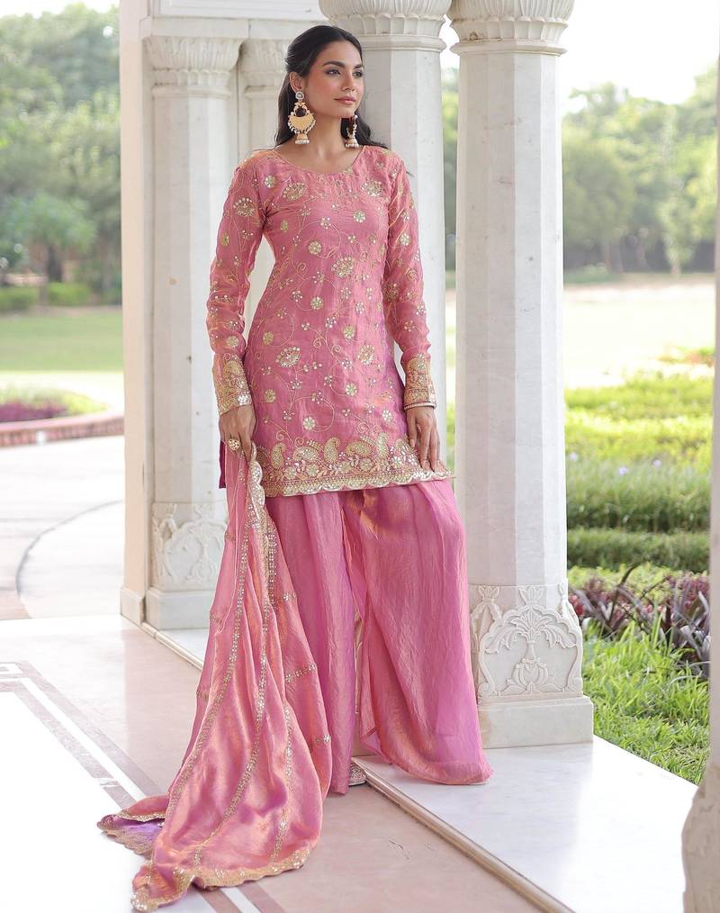 Pink silk readymade suit with embroidery & sequince work