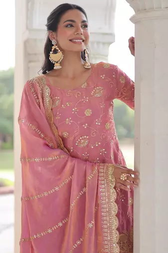 Pink silk readymade suit with embroidery & sequince work
