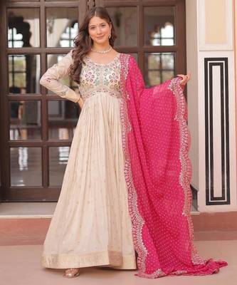 White & pink silk anarkali readymade suit with embroidery & beads work 1
