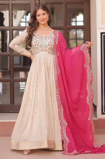 White & pink silk anarkali readymade suit with embroidery & beads work