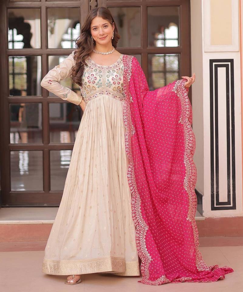White & pink silk anarkali readymade suit with embroidery & beads work