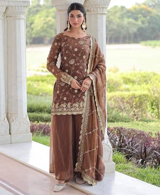 Brown silk readymade suit with embroidery & sequince work 1
