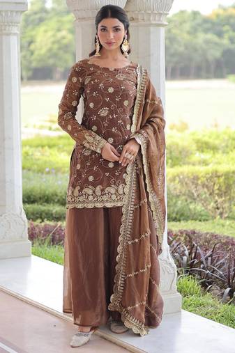Brown silk readymade suit with embroidery & sequince work