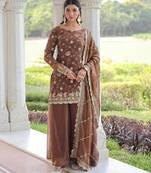 Brown silk readymade suit with embroidery & sequince work