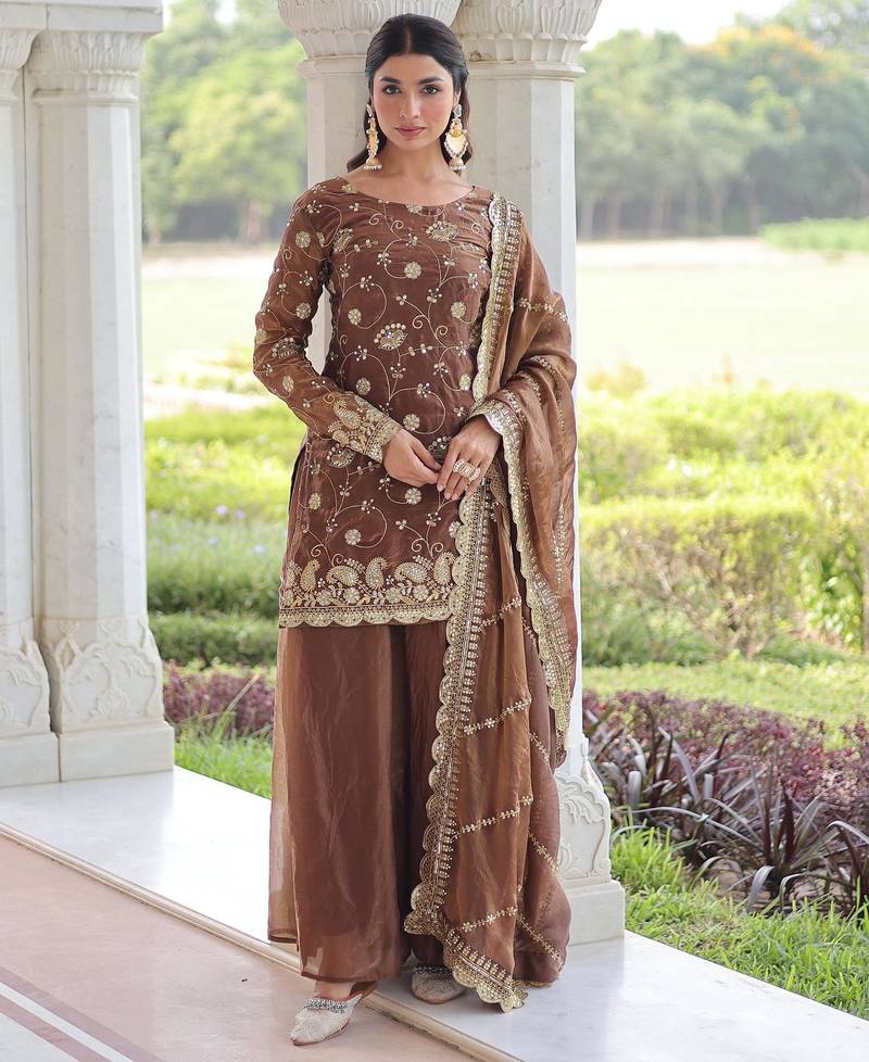 Brown silk readymade suit with embroidery & sequince work