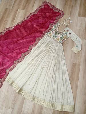 White & pink silk anarkali readymade suit with embroidery & beads work 3