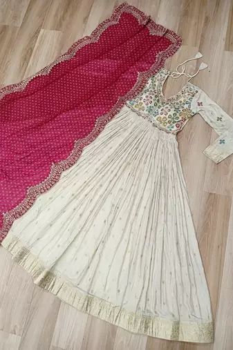 White & pink silk anarkali readymade suit with embroidery & beads work