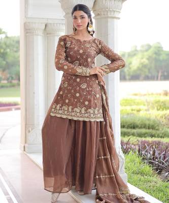 Brown silk readymade suit with embroidery & sequince work 2