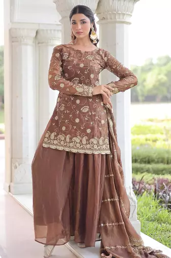 Brown silk readymade suit with embroidery & sequince work