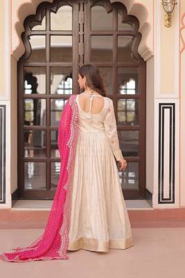 White & pink silk anarkali readymade suit with embroidery & beads work 4