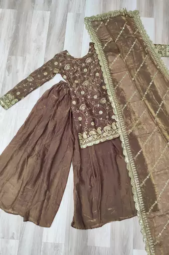Brown silk readymade suit with embroidery & sequince work