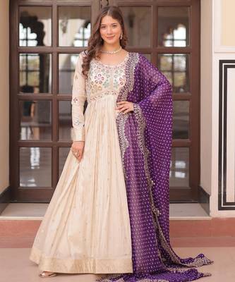 White & violet silk anarkali readymade suit with embroidery & beads work 1
