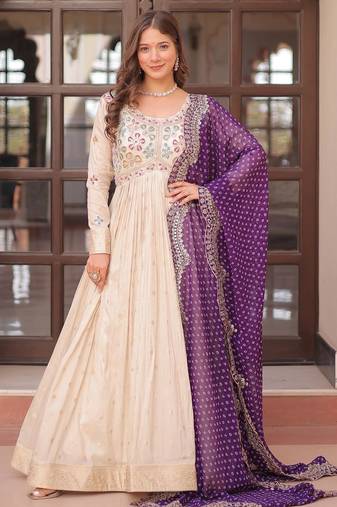 White & violet silk anarkali readymade suit with embroidery & beads work