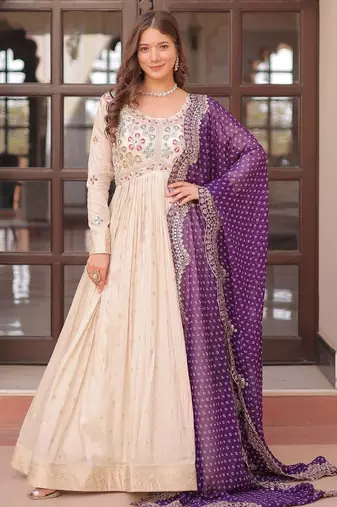 White & violet silk anarkali readymade suit with embroidery & beads work