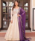White & violet silk anarkali readymade suit with embroidery & beads work