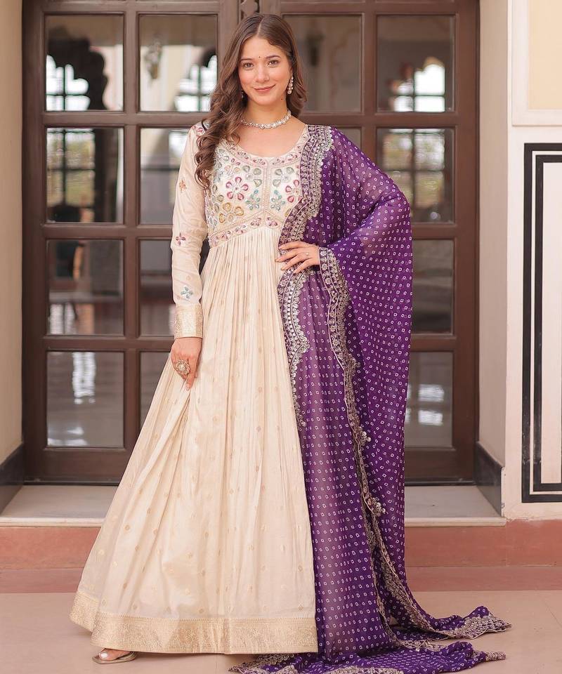 White & violet silk anarkali readymade suit with embroidery & beads work