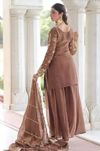 Brown silk readymade suit with embroidery & sequince work