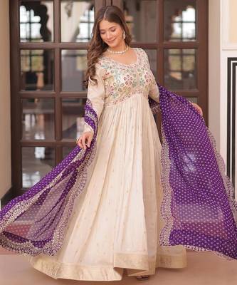 White & violet silk anarkali readymade suit with embroidery & beads work 2