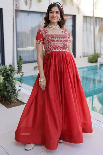 Red silk readymade gown with embroidery & beads work