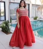 Red silk readymade gown with embroidery & beads work