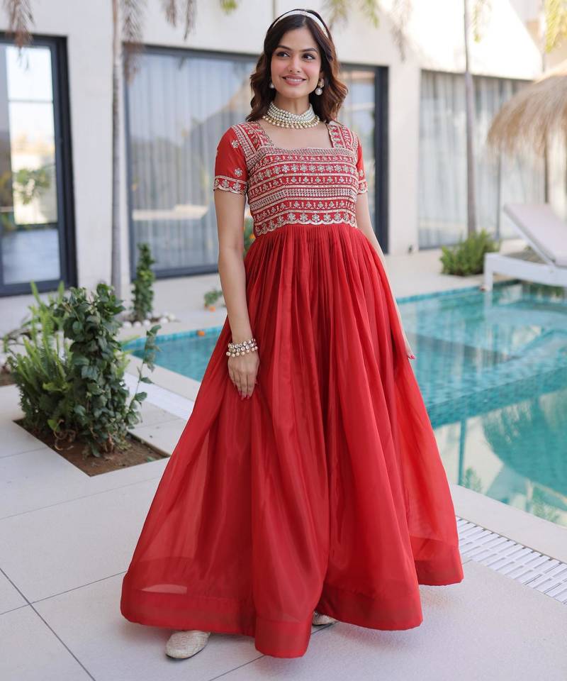 Red silk readymade gown with embroidery & beads work