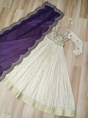 White & violet silk anarkali readymade suit with embroidery & beads work 3