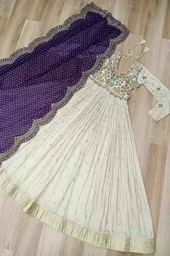 White & violet silk anarkali readymade suit with embroidery & beads work