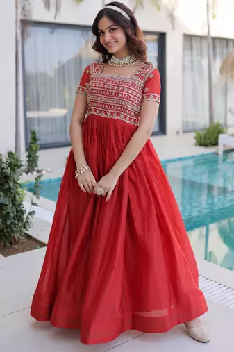 Red silk readymade gown with embroidery & beads work
