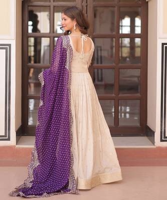 White & violet silk anarkali readymade suit with embroidery & beads work 4
