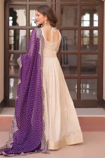 White & violet silk anarkali readymade suit with embroidery & beads work