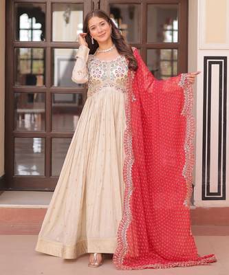 White & red silk anarkali readymade suit with embroidery & beads work 1