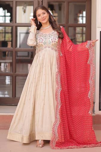 White & red silk anarkali readymade suit with embroidery & beads work
