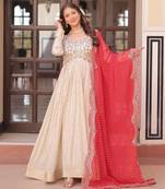White & red silk anarkali readymade suit with embroidery & beads work