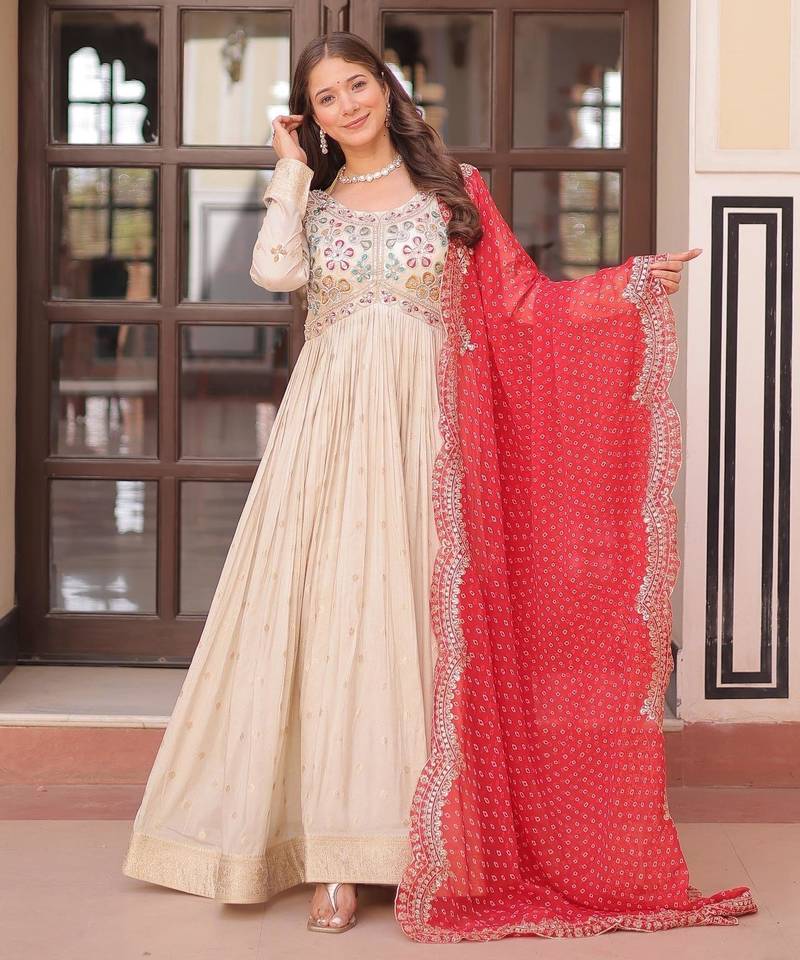 White & red silk anarkali readymade suit with embroidery & beads work