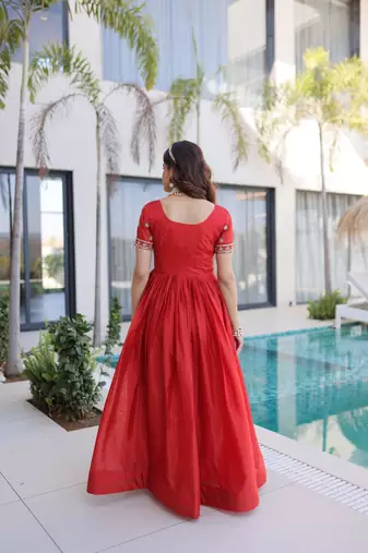 Red silk readymade gown with embroidery & beads work