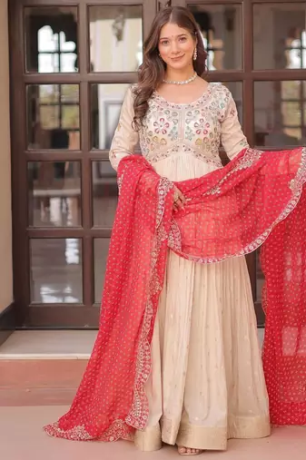 White & red silk anarkali readymade suit with embroidery & beads work