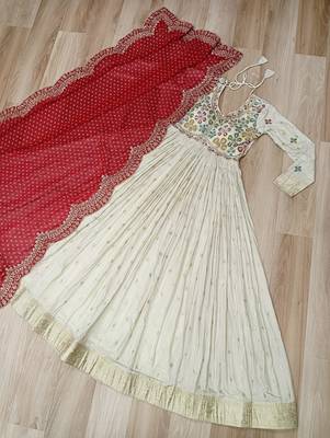 White & red silk anarkali readymade suit with embroidery & beads work 3