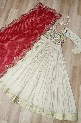White & red silk anarkali readymade suit with embroidery & beads work
