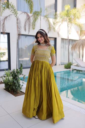 Mustard silk readymade gown with embroidery & beads work