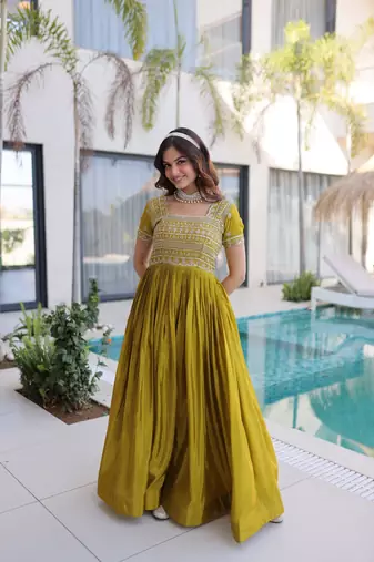 Mustard silk readymade gown with embroidery & beads work