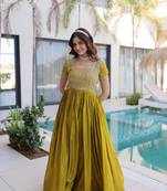 Mustard silk readymade gown with embroidery & beads work